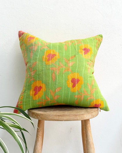 Handmade Reversible Vintage Kantha Cushion Cover In Green and Yellow - 45cm (18") - Biggs & Hill