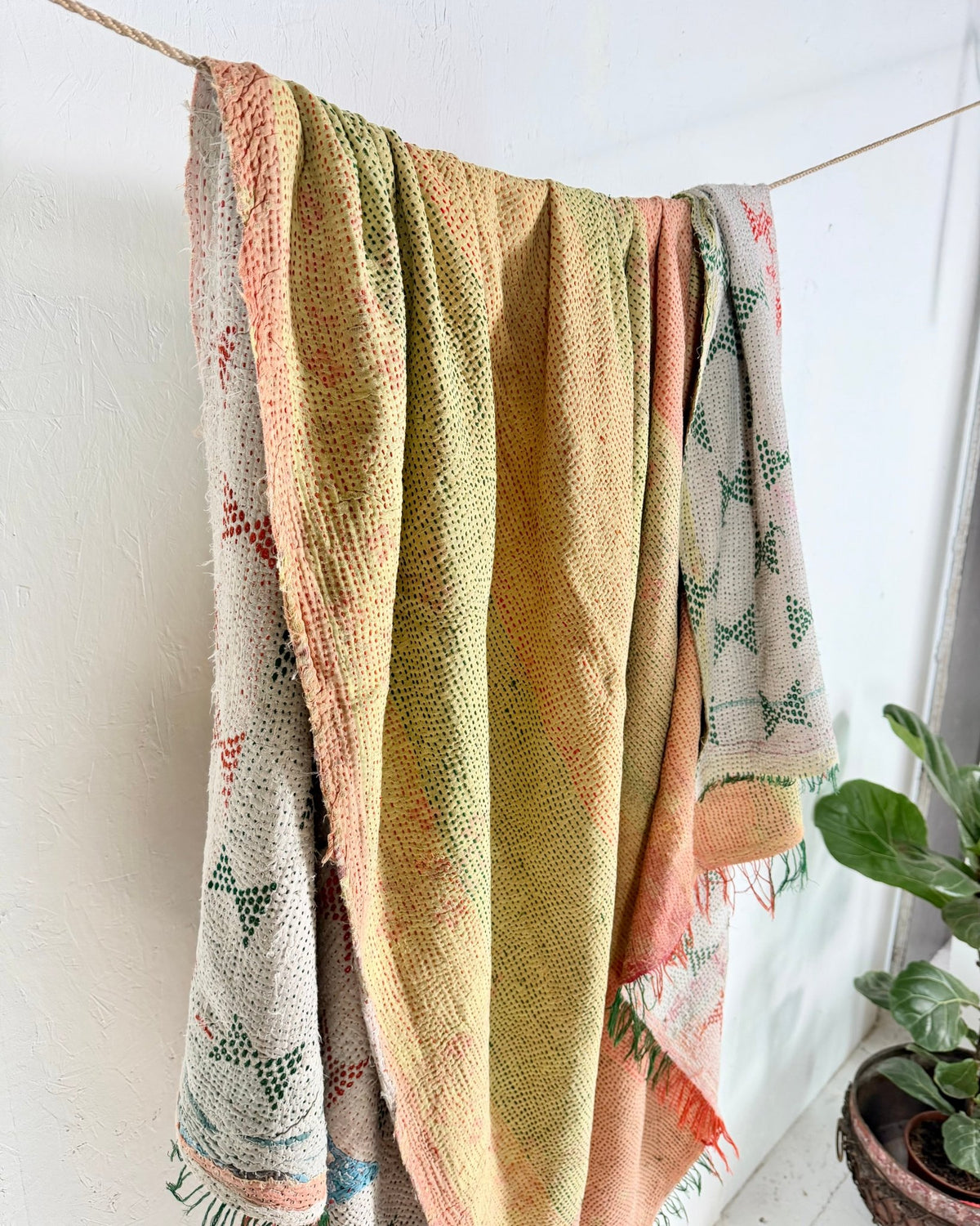 Embroidered Vintage Kantha Quilt in Peachy Pink, Yellow and White - Biggs & Hill