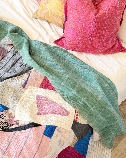 Large Fine Stitched Vintage Kantha Quilt in Multicolour Patchwork