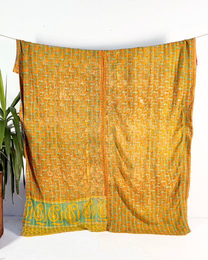 Extra Large Large Fine Stitched Vintage Kantha Quilt in Orange and Navy Blue