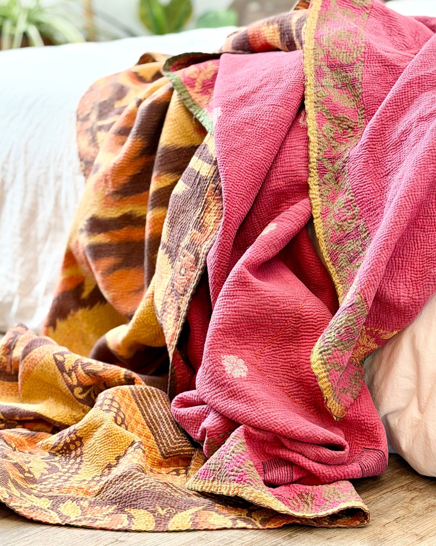 Large Fine Stitched Vintage Kantha Quilt With Yellow and Brown Flame Pattern - Biggs & Hill