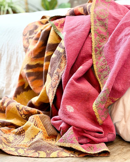 Large Fine Stitched Vintage Kantha Quilt With Yellow and Brown Flame Pattern - Biggs & Hill