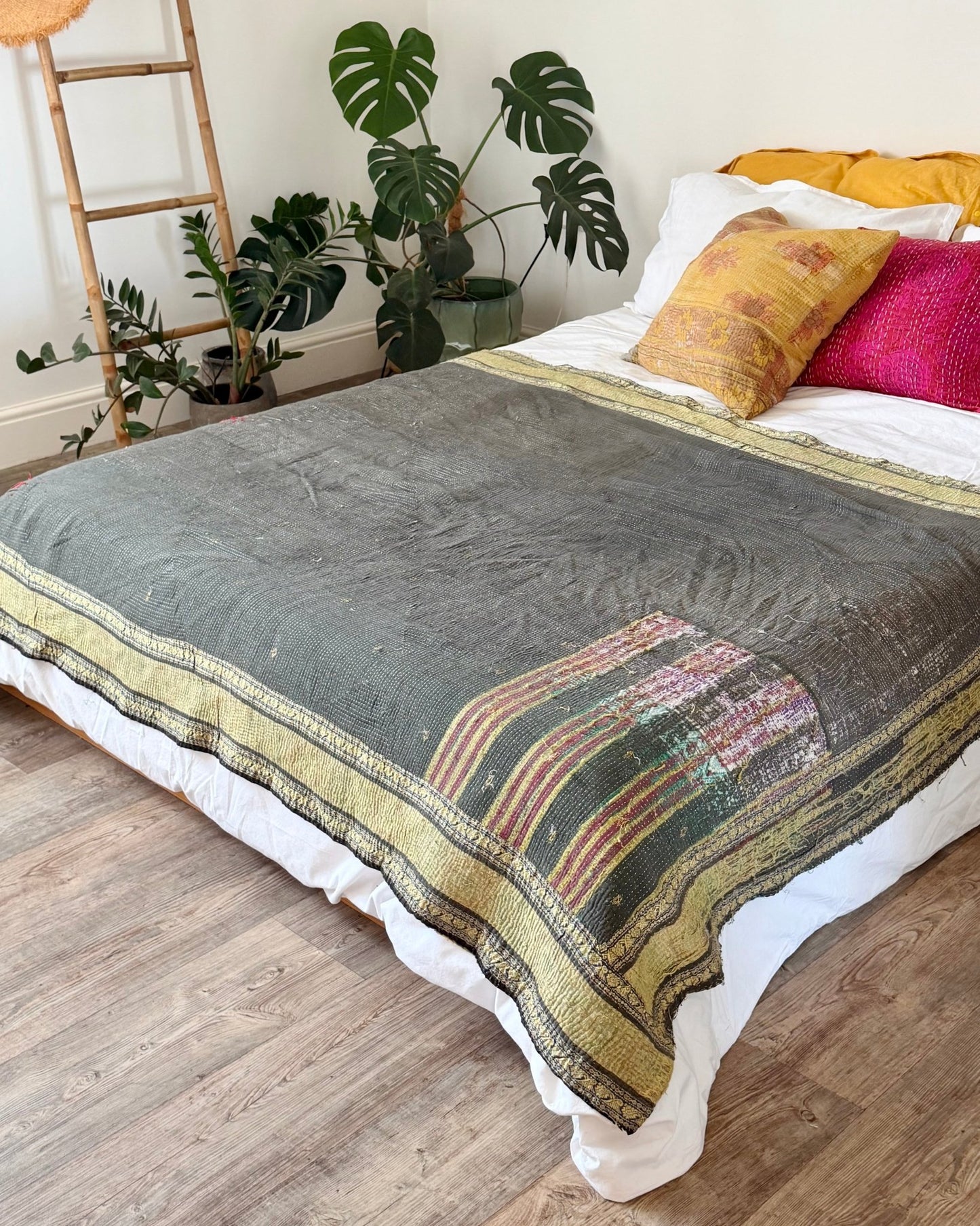 Fine Stitched Embroidered Vintage Kantha Quilt in Green and Gold - Biggs & Hill