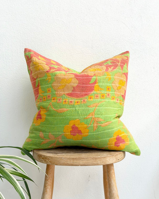 Handmade Reversible Vintage Kantha Cushion Cover In Green and Yellow - 45cm (18") - Biggs & Hill