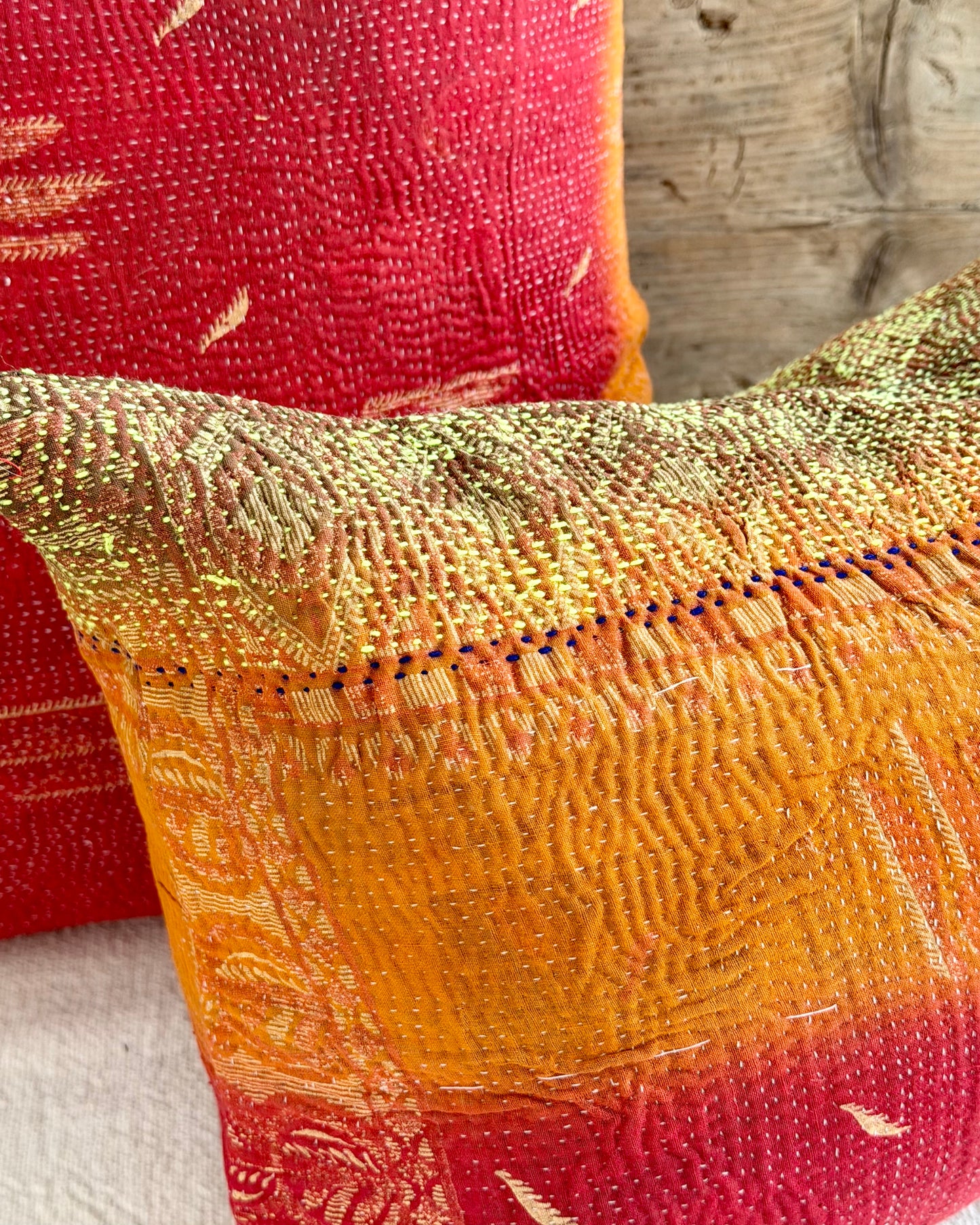 Vintage Kantha Cushion In Red Orange and Green - Small Rectangular