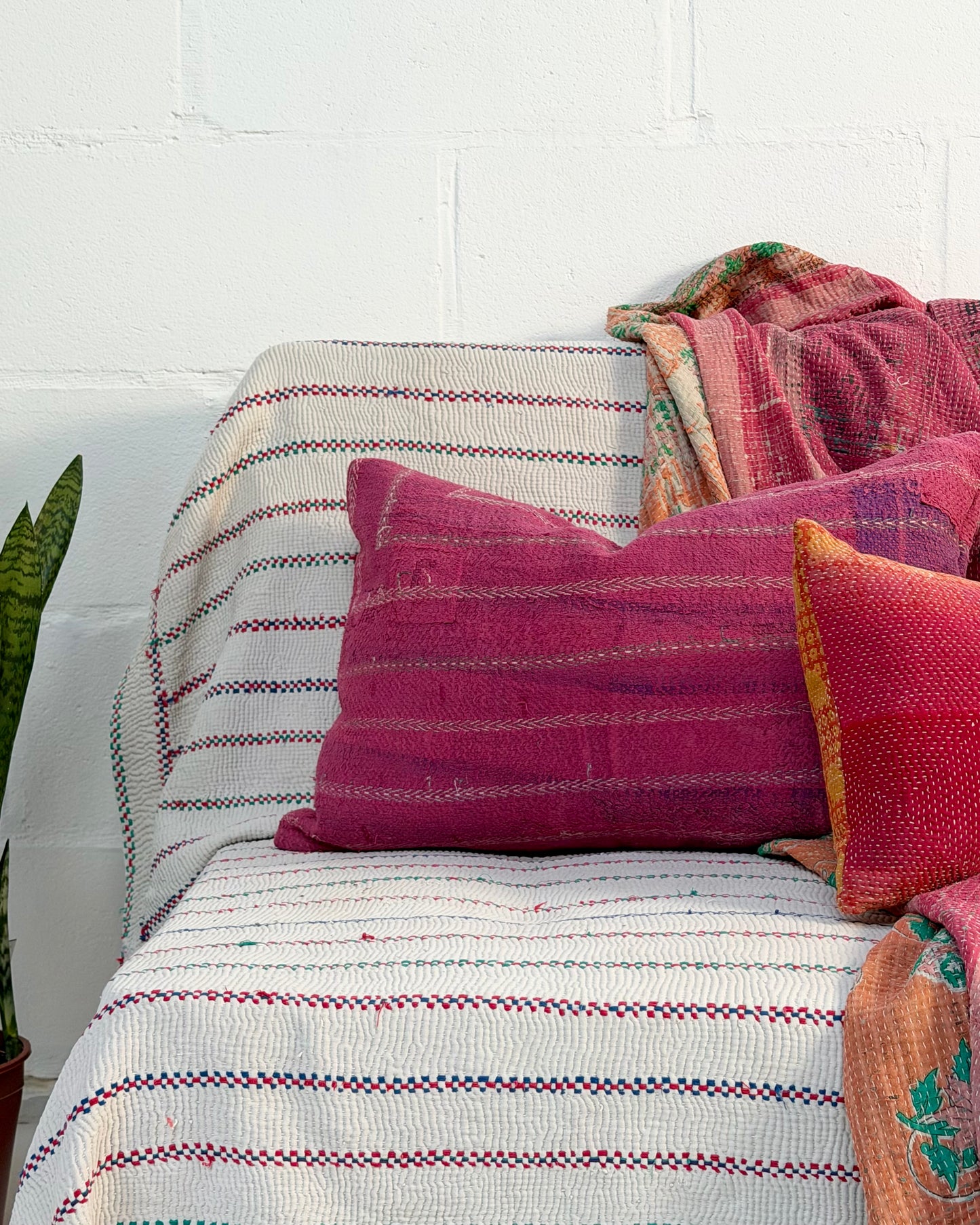 Handmade Vintage Kantha Cushion Cover In Pink With Embroidered Stripes - Large Rectangular