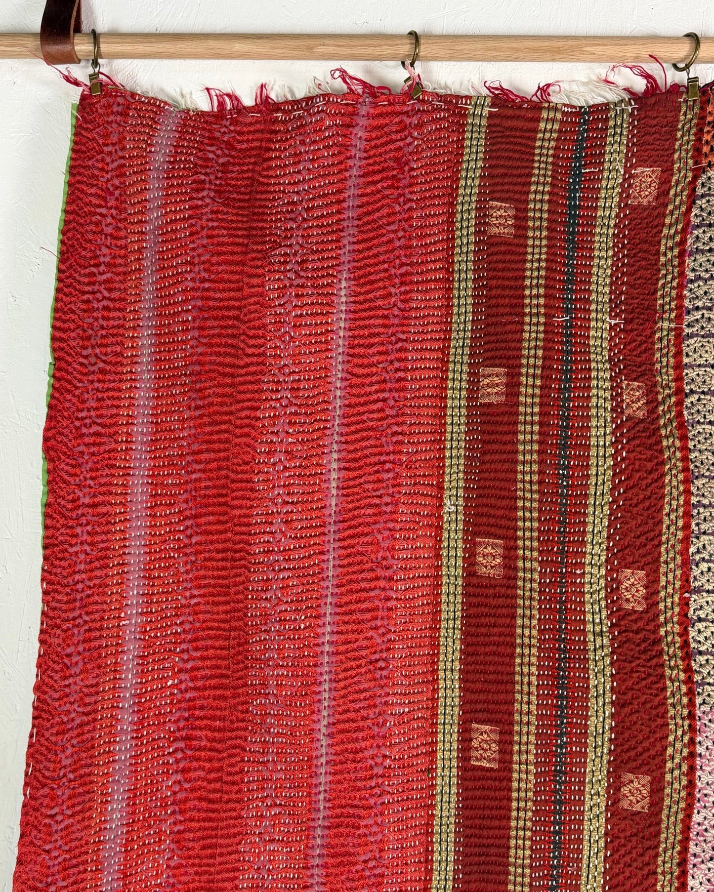 Heavy Kantha Blanket Quilt With Red Stripes And Green Back - Biggs & Hill
