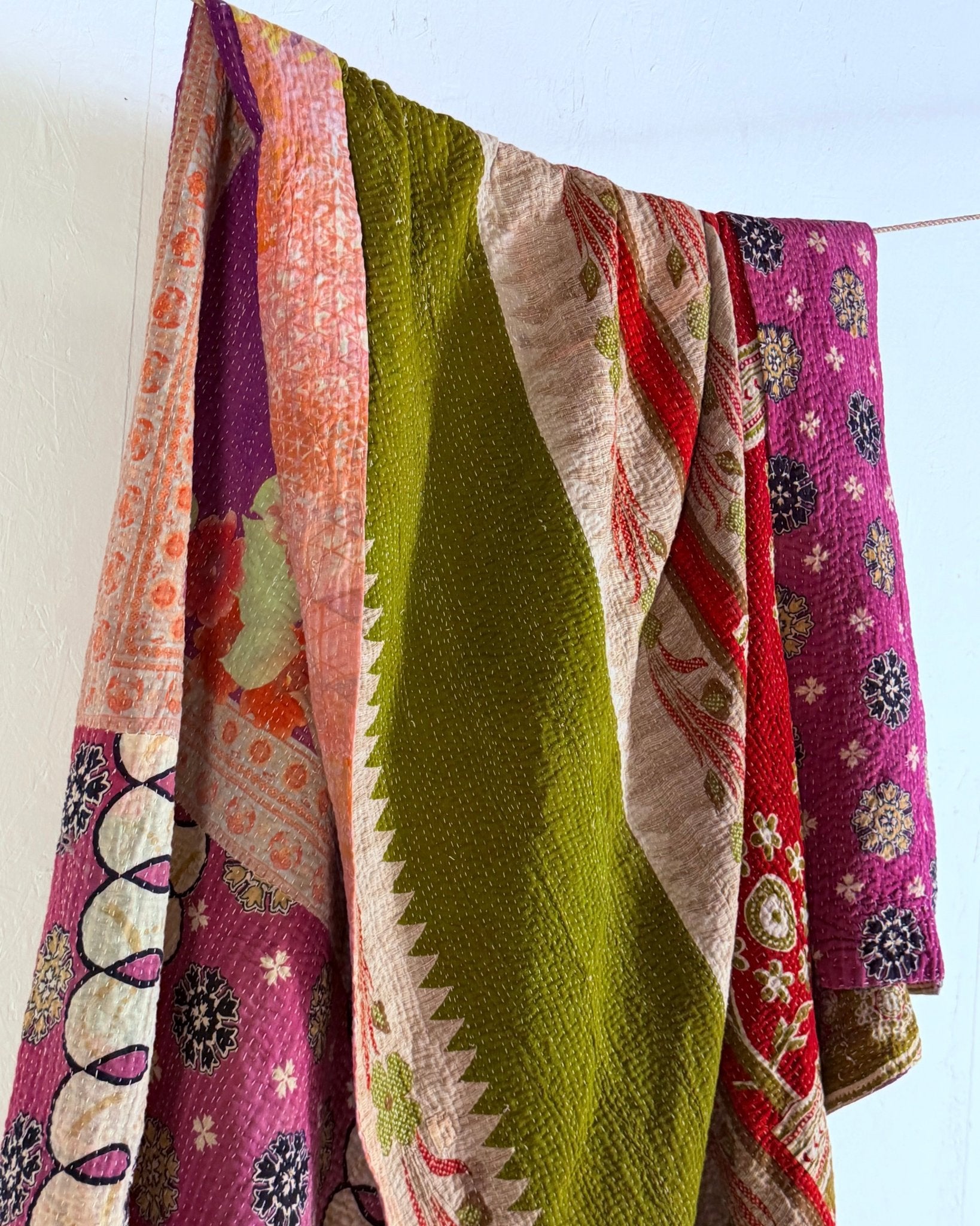 Large Fine Stitched Vintage Kantha Quilt in Pink, Green and Purple Florals - Biggs & Hill