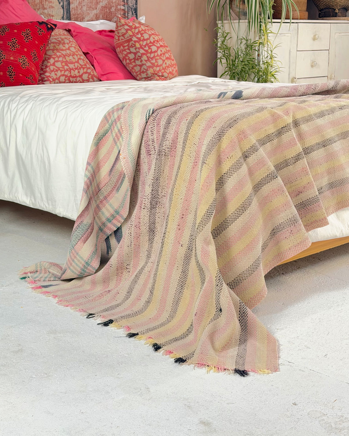Striped Ikat Vintage Kantha Quilt in Light Pinks