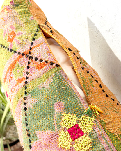 Vintage Kantha Bolster Cushion Cover In Textured Green and Orange 80cm