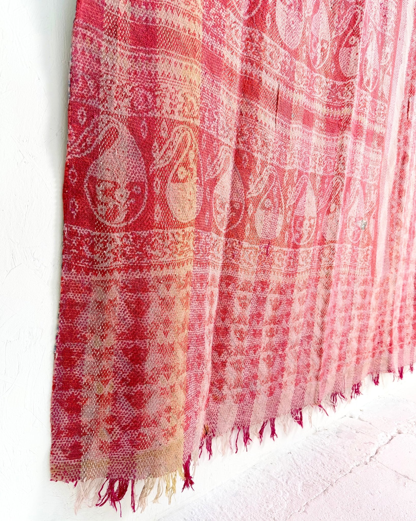 Heavy Kantha Blanket Quilt With Pink Stripes - Biggs & Hill
