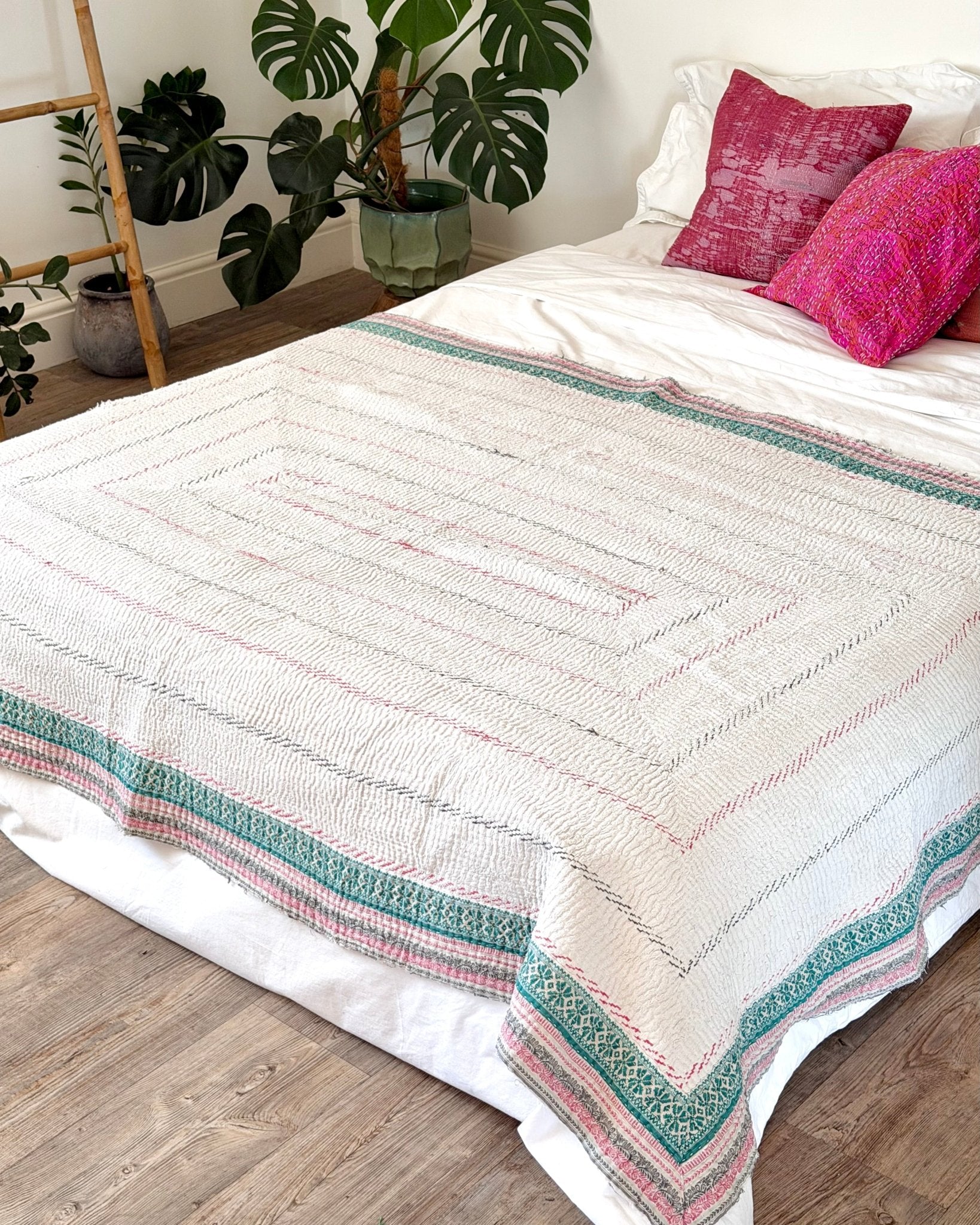 Heavy Fine Stitched Embroidered Vintage Kantha Quilt in White and Pink - Biggs & Hill