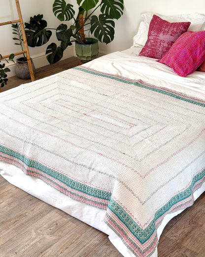 Heavy Fine Stitched Embroidered Vintage Kantha Quilt in White and Pink - Biggs & Hill