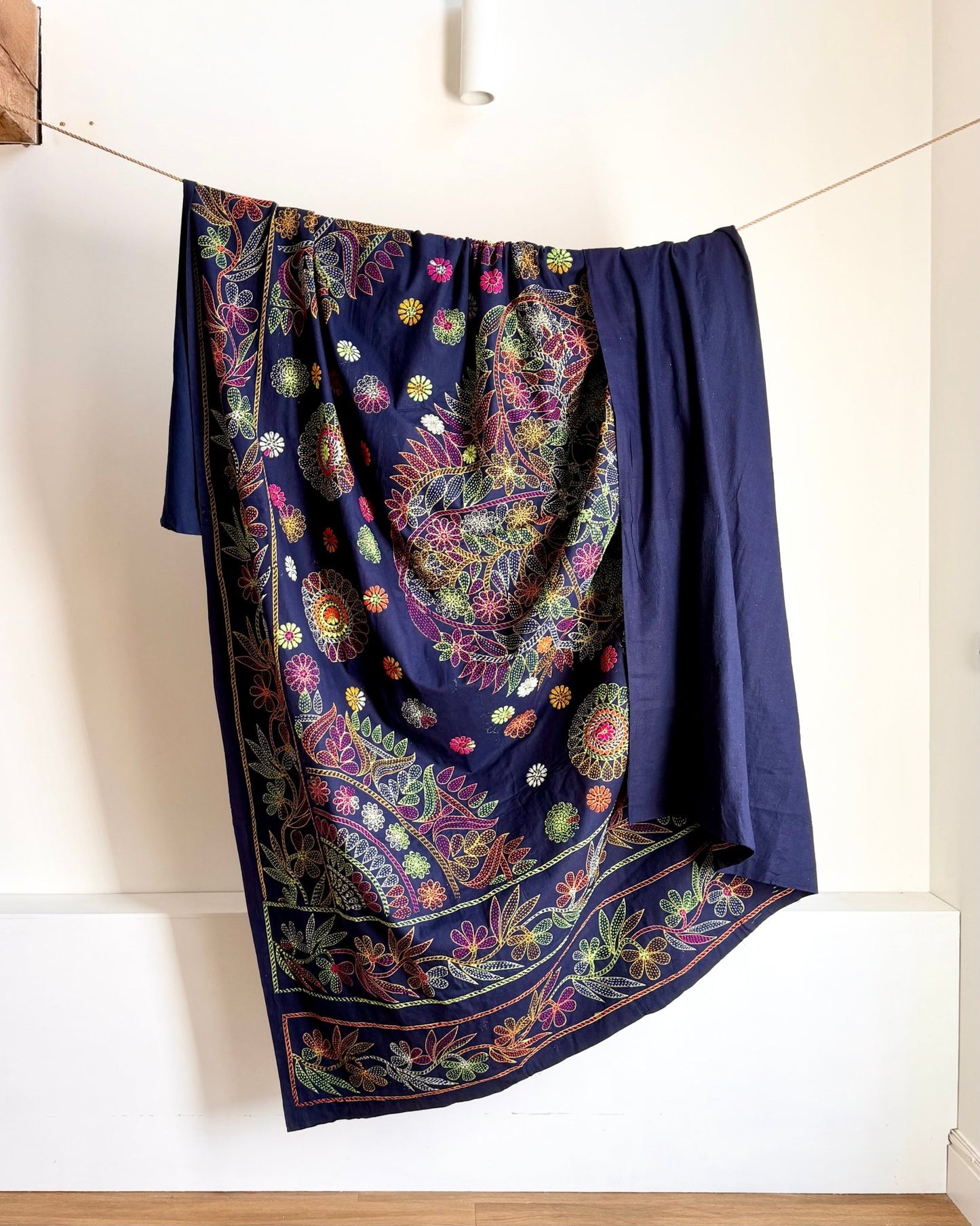 Embroidered Handmade Revival Nakshi Kantha Bedcover in Deep Blue - Biggs & Hill