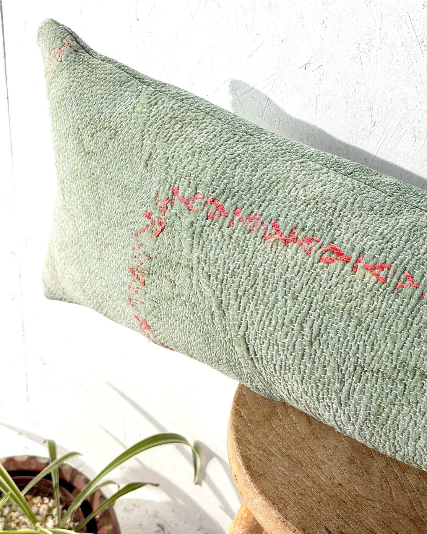 Vintage Kantha Bolster Cushion Cover In Green With Orange Embroidery - 80cm