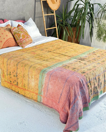 Large Embroidered Vintage Kantha Quilt in Yellow and Light Green - Biggs & Hill