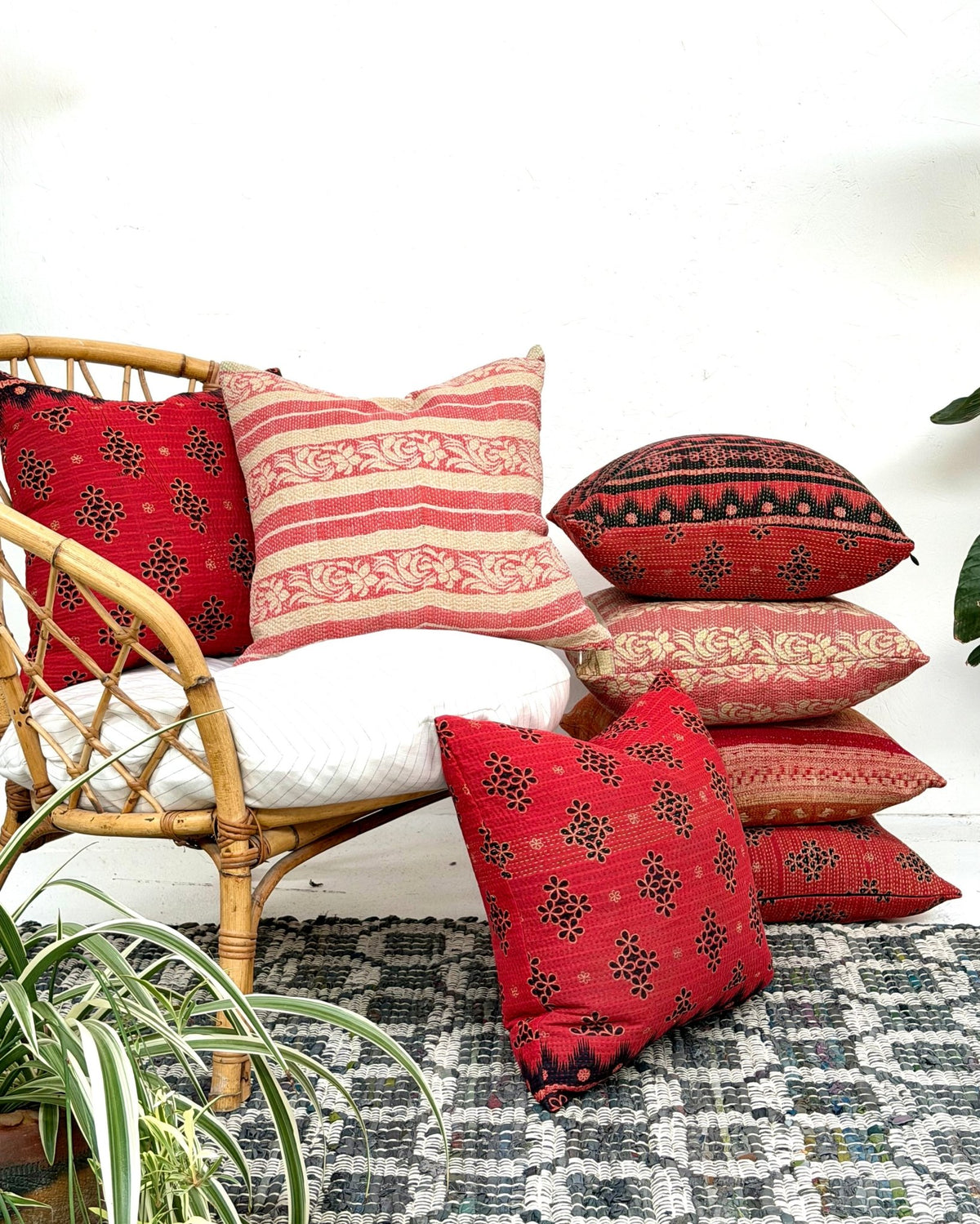 Handmade Vintage Kantha Cushion Cover In Orange and Pink - 45cm (18") Square - Biggs & Hill