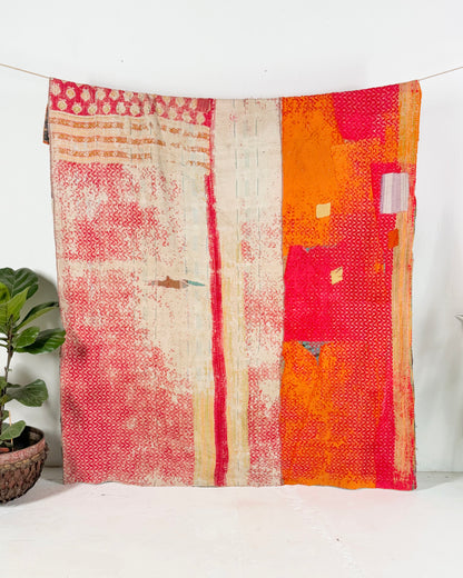 Large Textured Vintage Kantha Quilt in Red and Blue