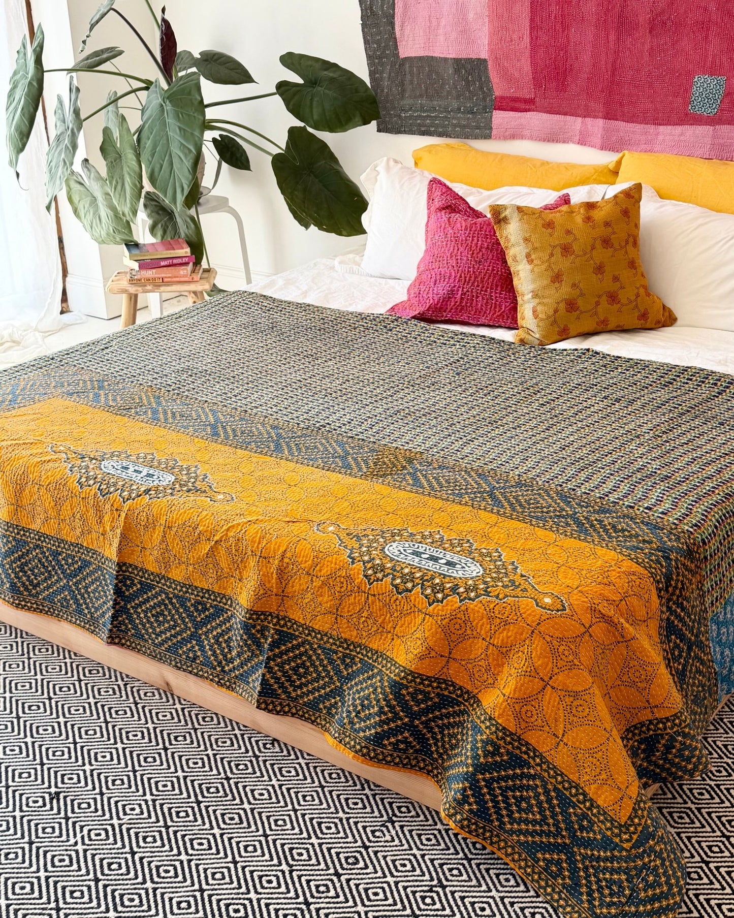 Extra Large Fine Stitched Vintage Kantha Quilt in Pink Floral, Yellow and Blue - Biggs & Hill