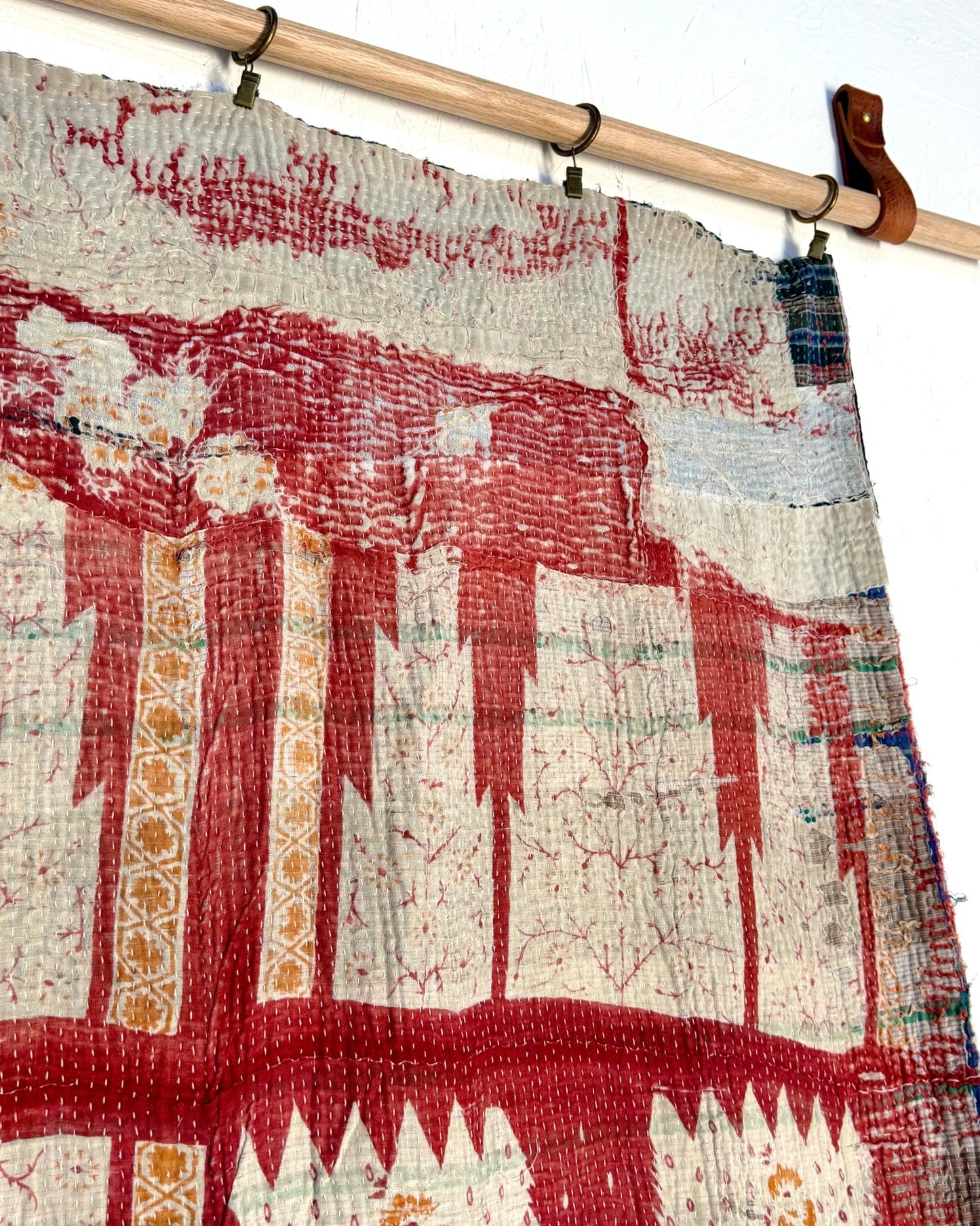Extra Large Textured Vintage Kantha Quilt In Blue, Red and Green - Biggs & Hill
