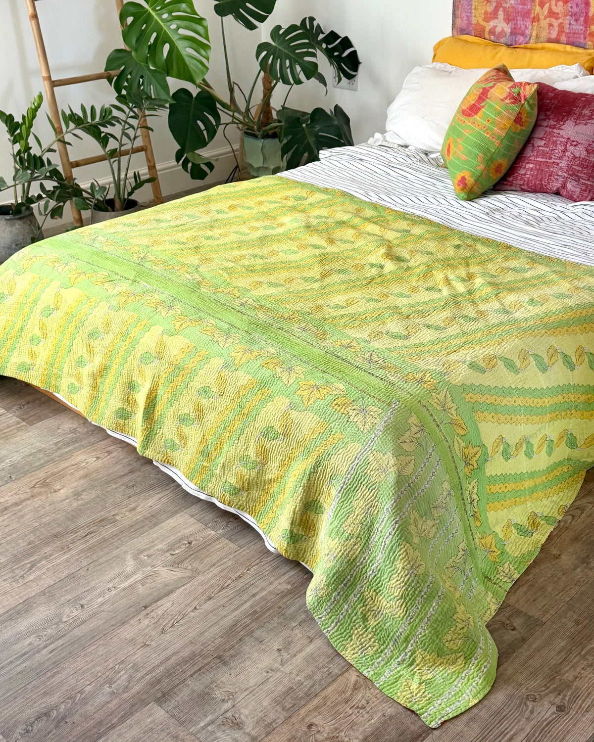 Large Fine Stitched Vintage Kantha Quilt in Bright Green and Red Floral - Biggs & Hill