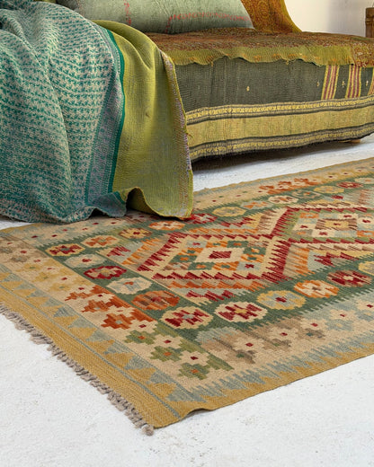 Green and Yellow Afghan Chobi Kilim Rug - Biggs & Hill
