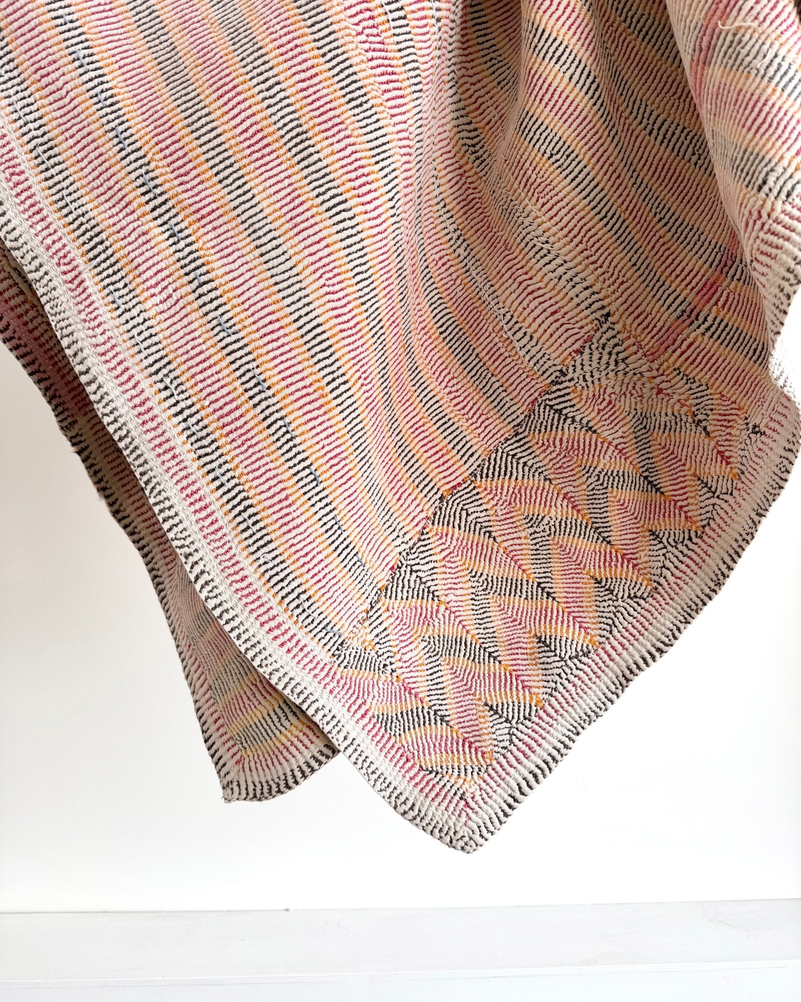 Small Heavy Vintage Lohori Kantha Quilt in Pink and Yellow Stripes - Biggs & Hill
