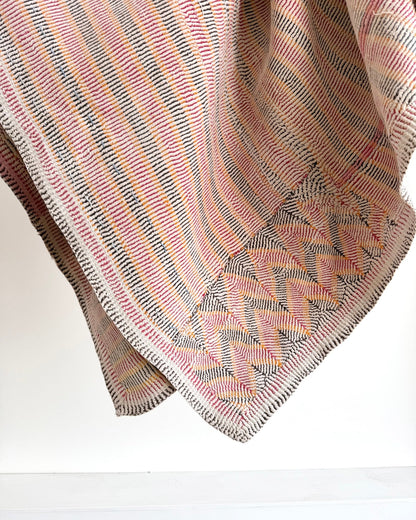Small Heavy Vintage Lohori Kantha Quilt in Pink and Yellow Stripes - Biggs & Hill