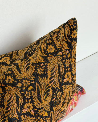 Vintage Kantha Cushion In Orange, Black and Gold - Small Rectangular - Biggs & Hill