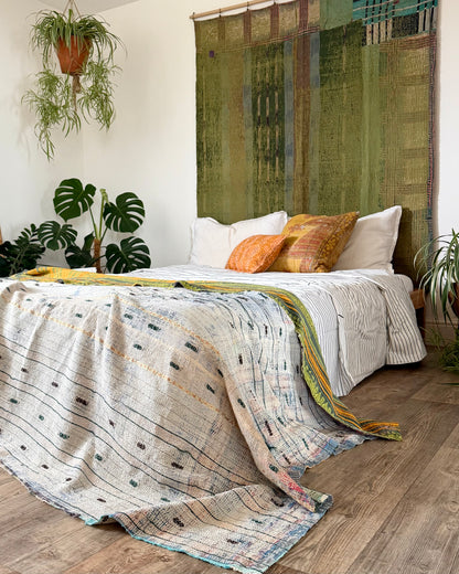 Textured Vintage Kantha Quilt In Orange, Green and White