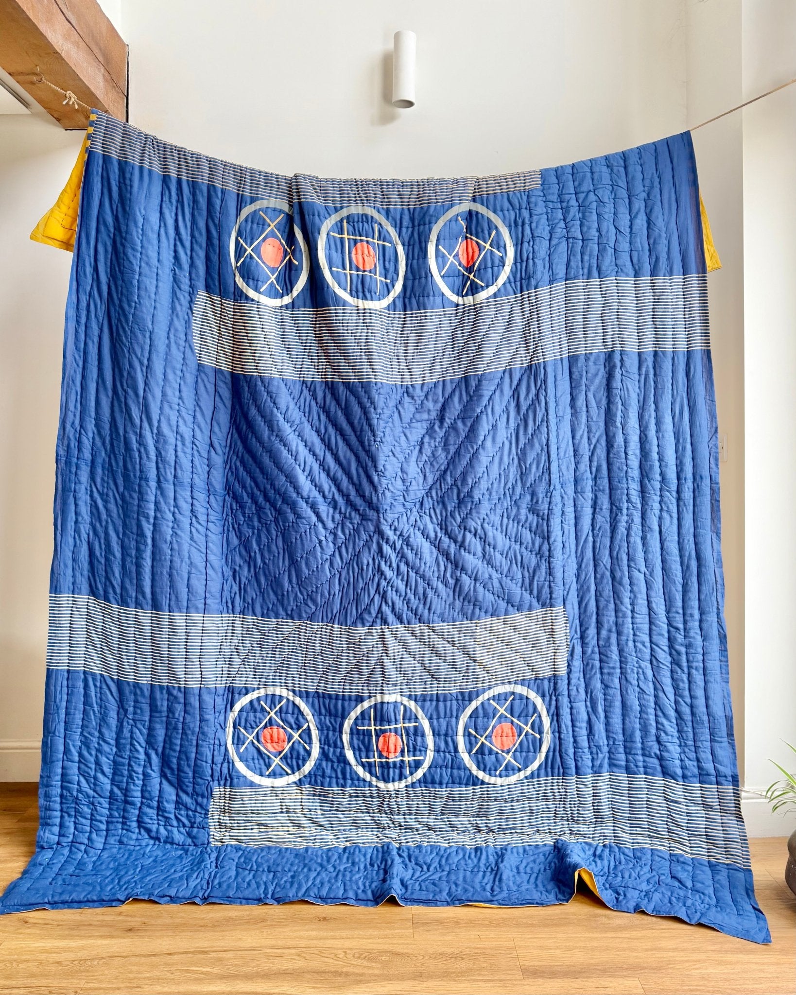 Quilted Kantha In Blue and Yellow With Geometric Patterns - SUPER KING - Biggs & Hill