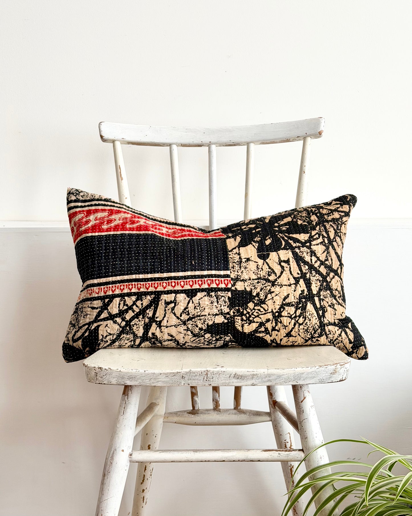 Vintage Kantha Cushion In Black and Red- Small Rectangular