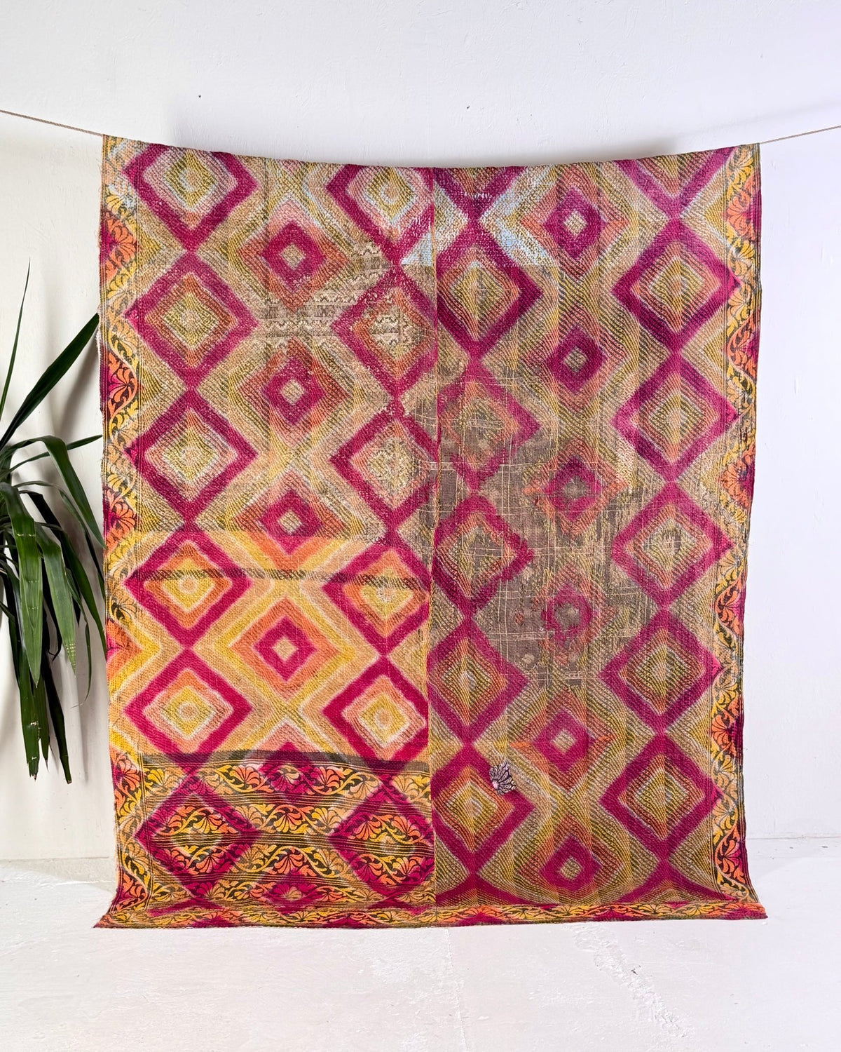 Large Textured Vintage Kantha Quilt in Geometric Pink and yellow - Biggs & Hill