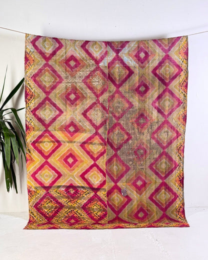 Large Textured Vintage Kantha Quilt in Geometric Pink and yellow - Biggs & Hill