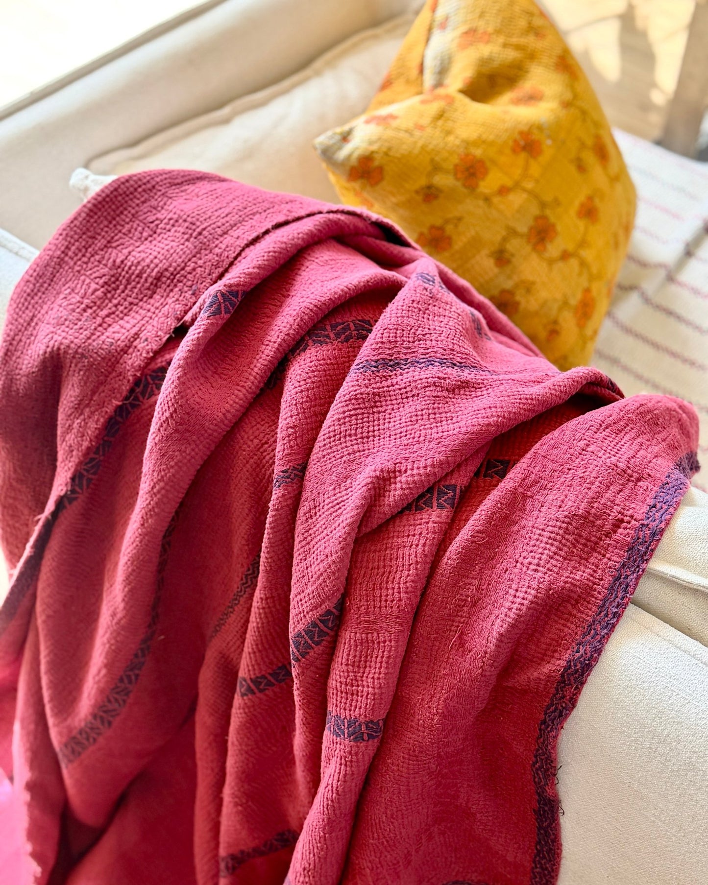 Fine Stitched Embroidered Vintage Kantha Quilt in Deep Plum Red - Biggs & Hill