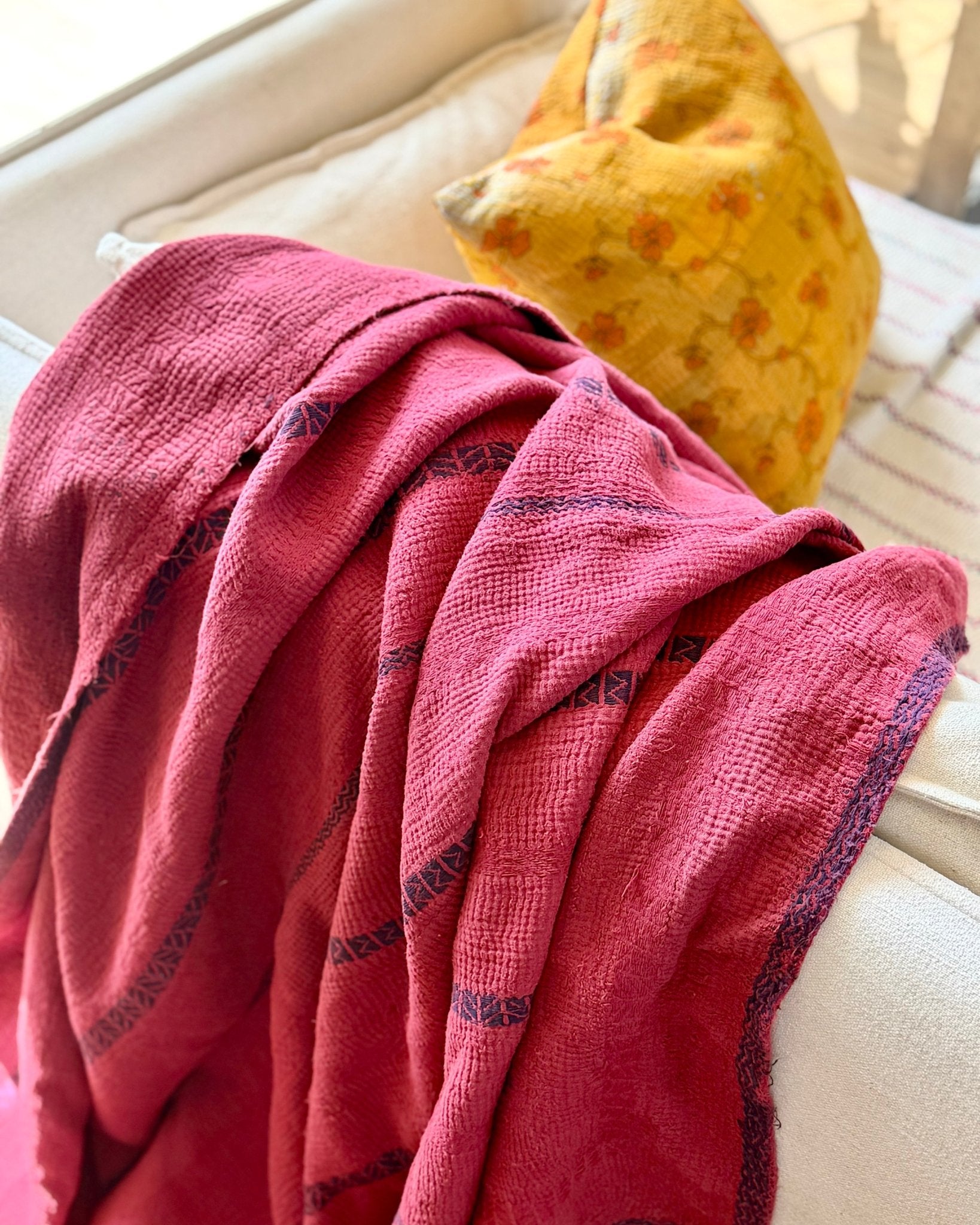 Fine Stitched Embroidered Vintage Kantha Quilt in Deep Plum Red - Biggs & Hill