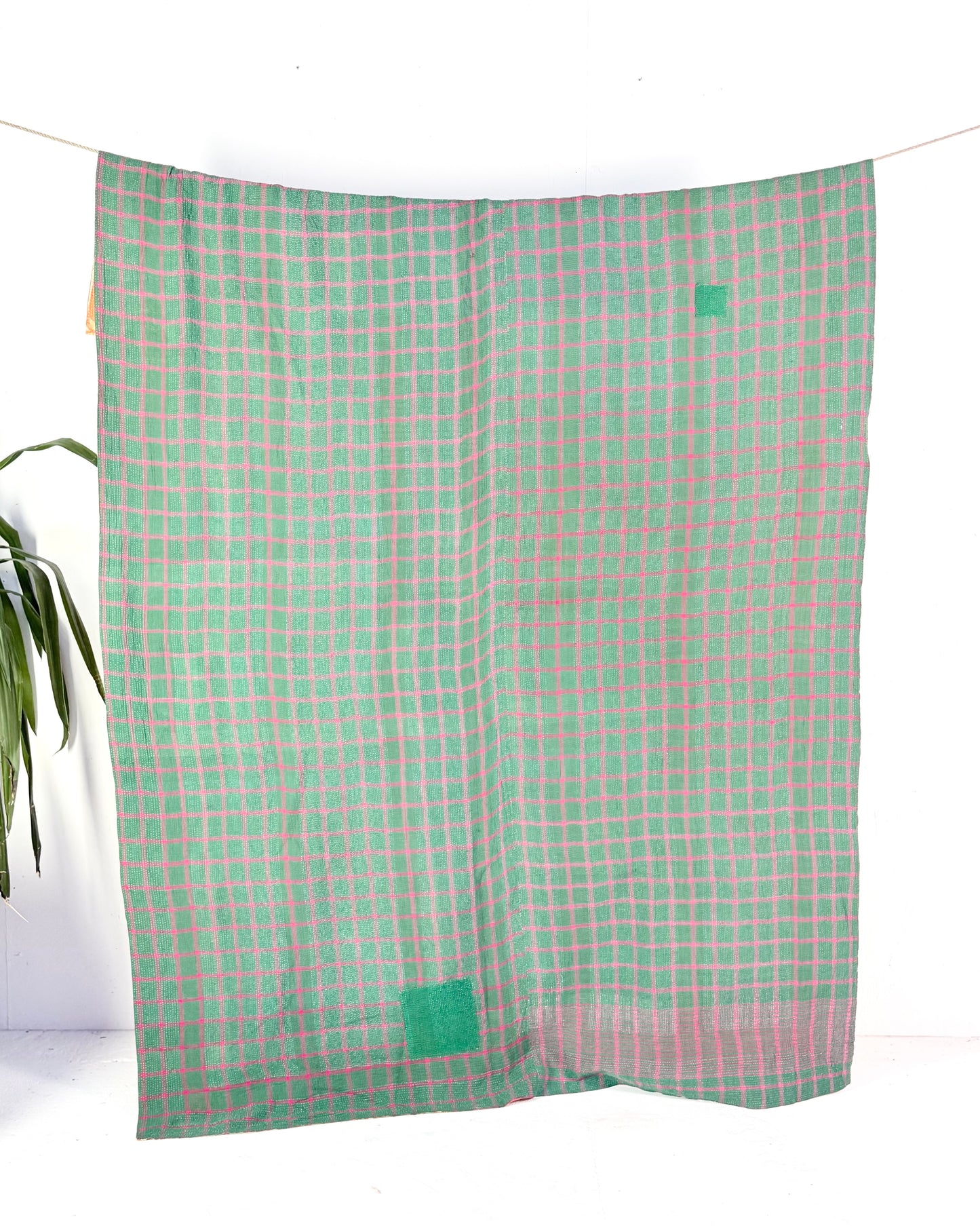 Large Fine Stitched Vintage Kantha Quilt in Orange and Green