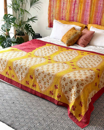Extra Large Fine Stitched Vintage Kantha Quilt in Geometric Red and Yellow - Biggs & Hill