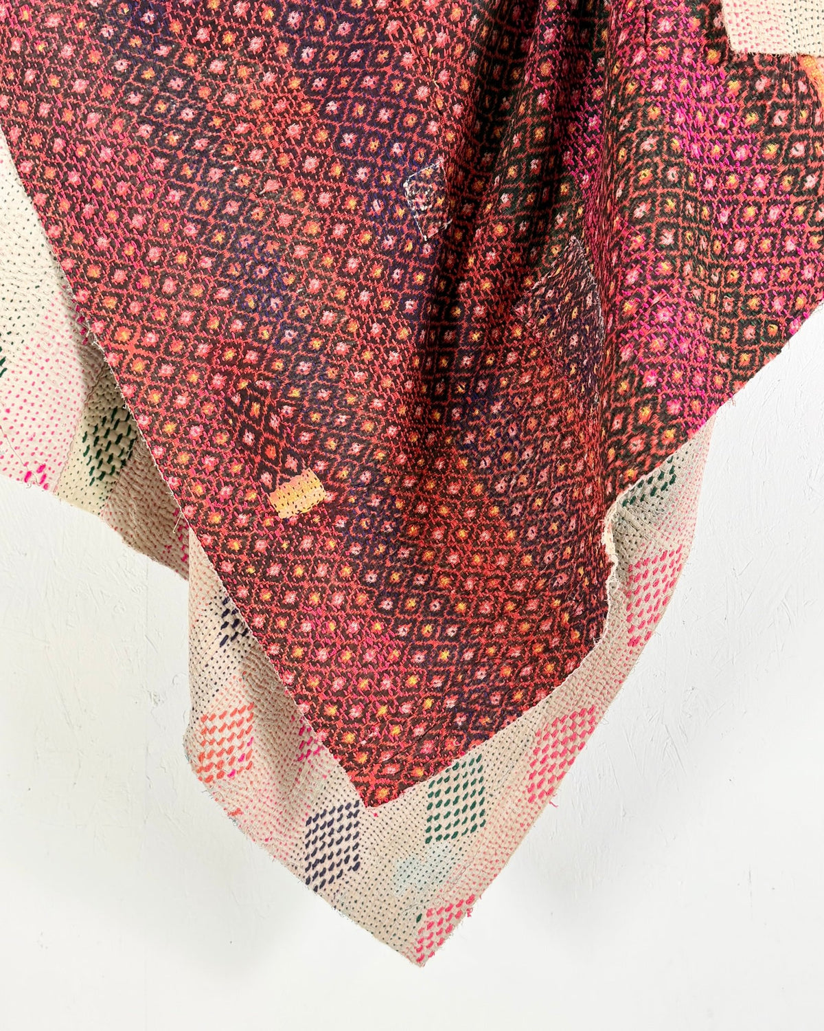 Embroidered Vintage Kantha Quilt in Pink and White - Biggs & Hill