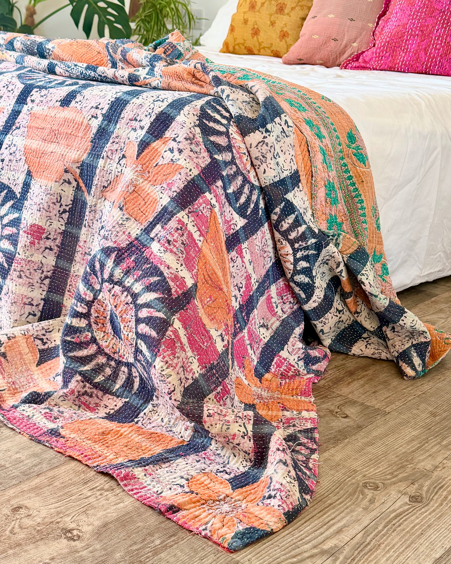 Large Textured Vintage Kantha Quilt in Pink and Blue Patterns