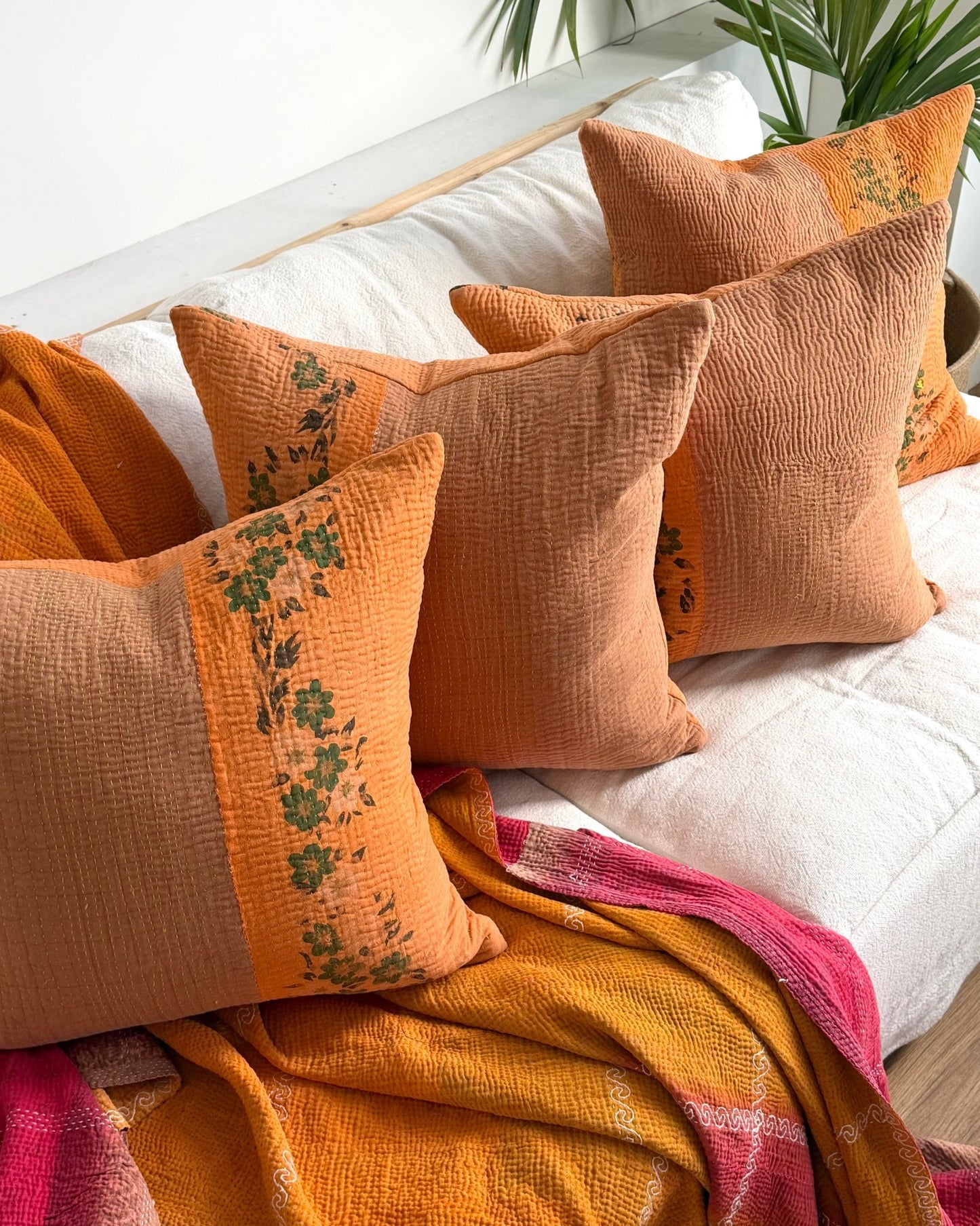 Vintage Kantha Cushion In Orange and Brown Floral 04 - 50cm Square - Biggs & Hill