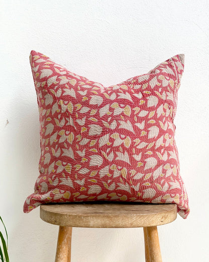 Handmade Vintage Kantha Cushion Cover In Pink Floral - 45cm (18") - Biggs & Hill
