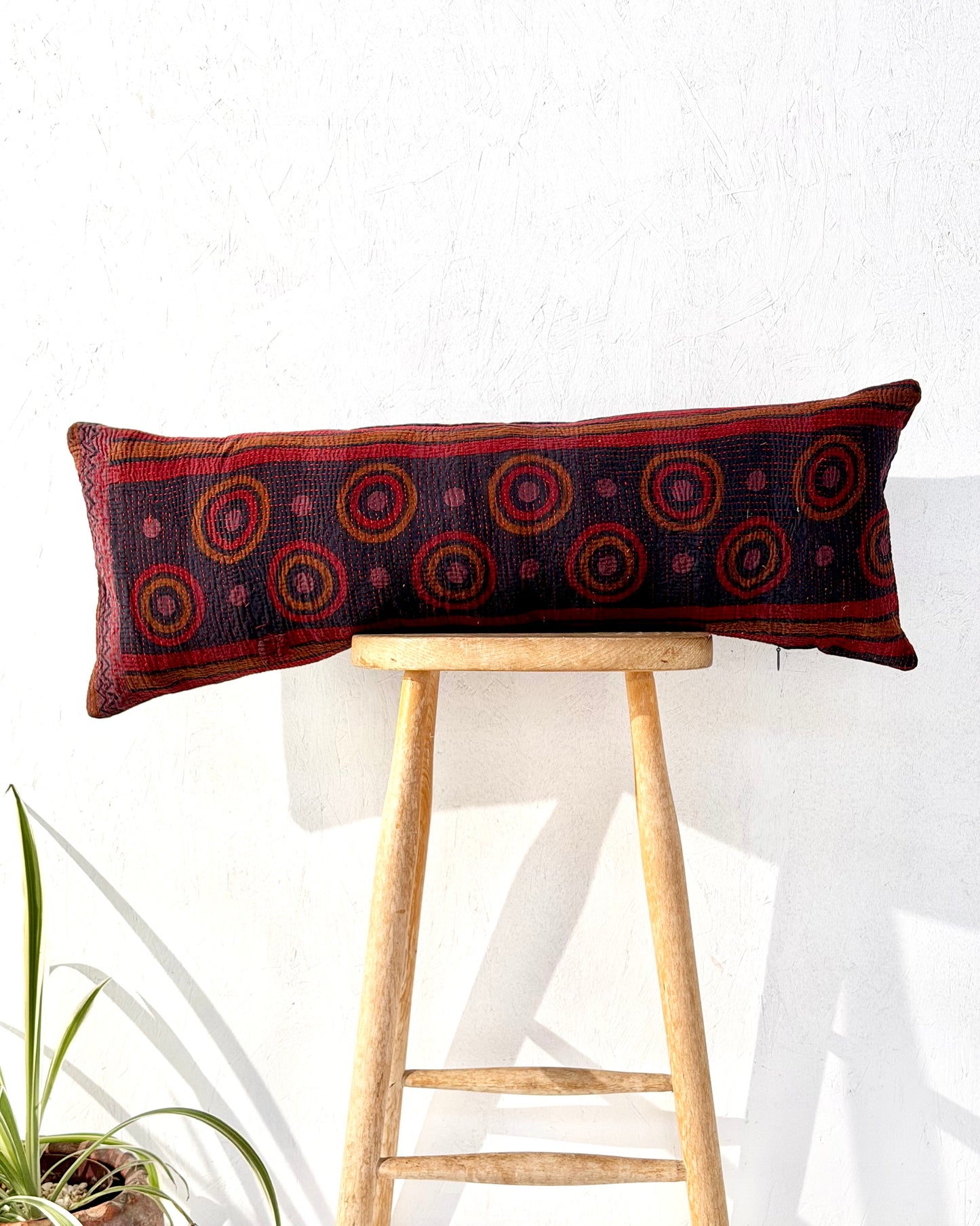 Vintage Kantha Bolster Cushion Cover In Deep Burgundy - 80cm