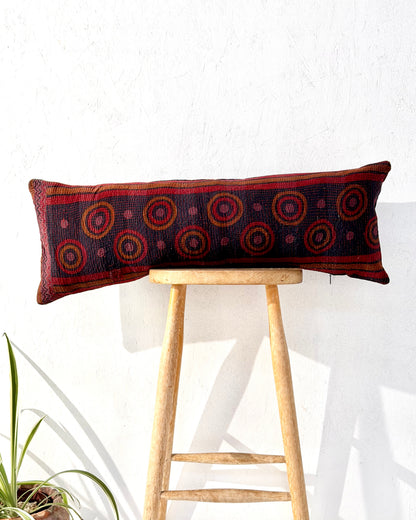 Vintage Kantha Bolster Cushion Cover In Deep Burgundy - 80cm
