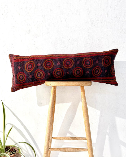 Vintage Kantha Bolster Cushion Cover In Deep Burgundy - 80cm - Biggs & Hill