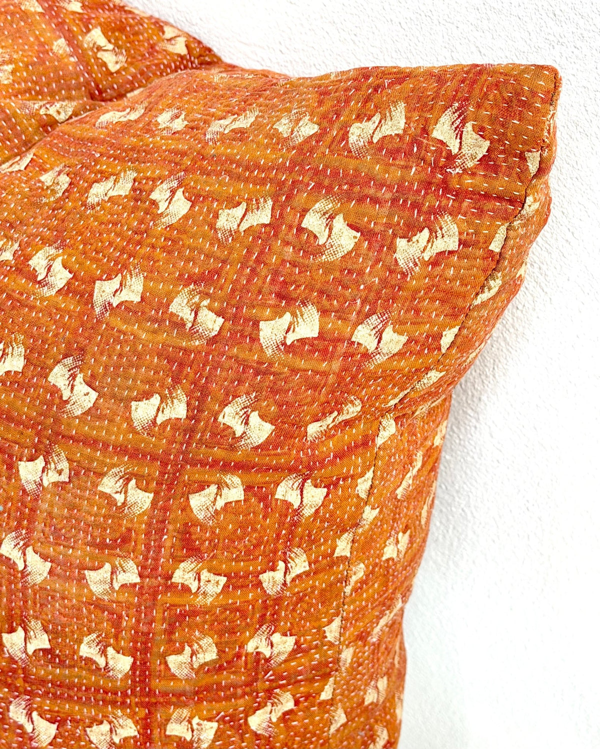 Handmade Vintage Kantha Cushion Cover In Orange and Pink - 45cm (18") Square - Biggs & Hill