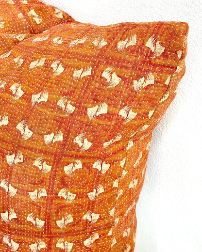 Handmade Vintage Kantha Cushion Cover In Orange and Pink - 45cm (18") Square - Biggs & Hill