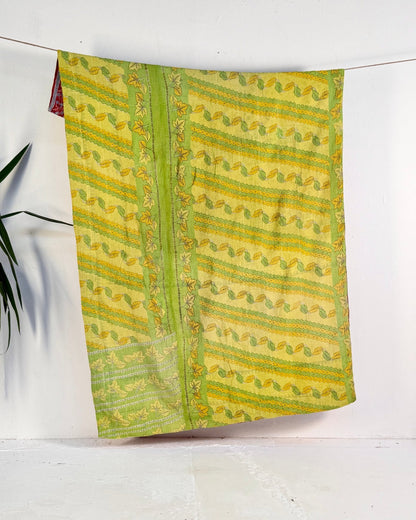 Large Fine Stitched Vintage Kantha Quilt in Bright Green and Red Floral - Biggs & Hill