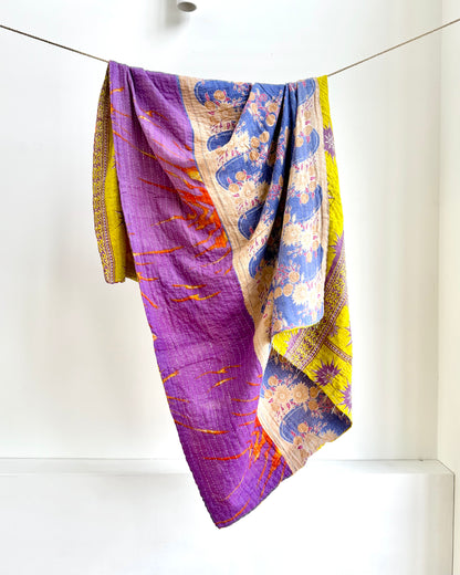 Vintage Cotton Kantha Quilt In Purple and Yellow #41