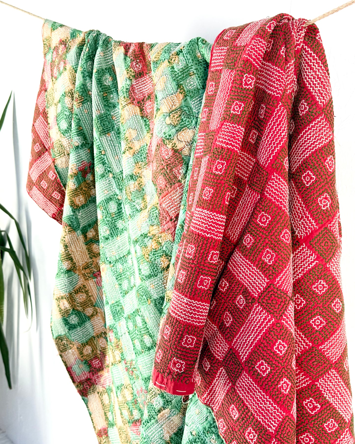Heavy Vintage Galicha Kantha Quilt In Pink and Green